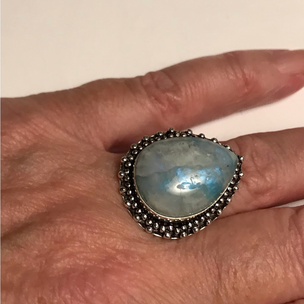 Blue Flash Moonstone Stamped 925 Sterling Silver Ring 111$